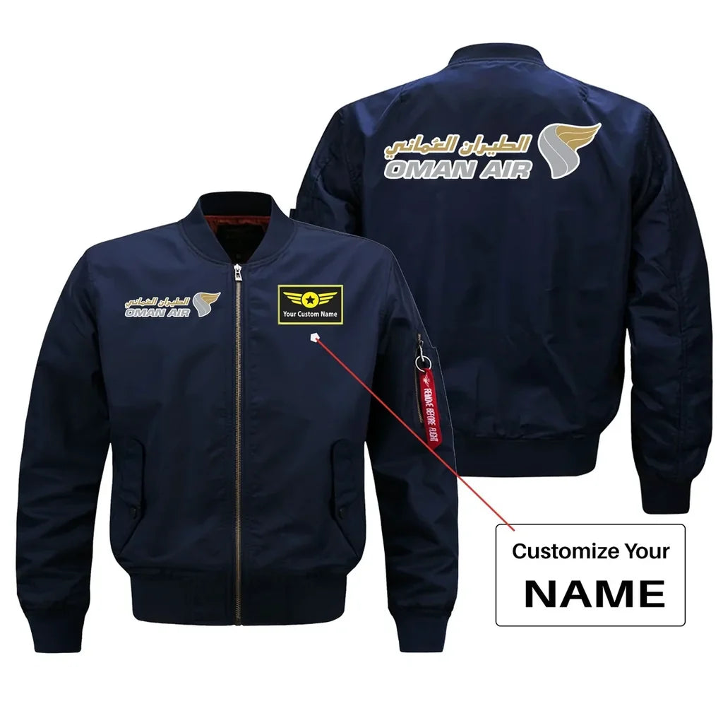 Oman Airlines logo on blue + name bomber jacket