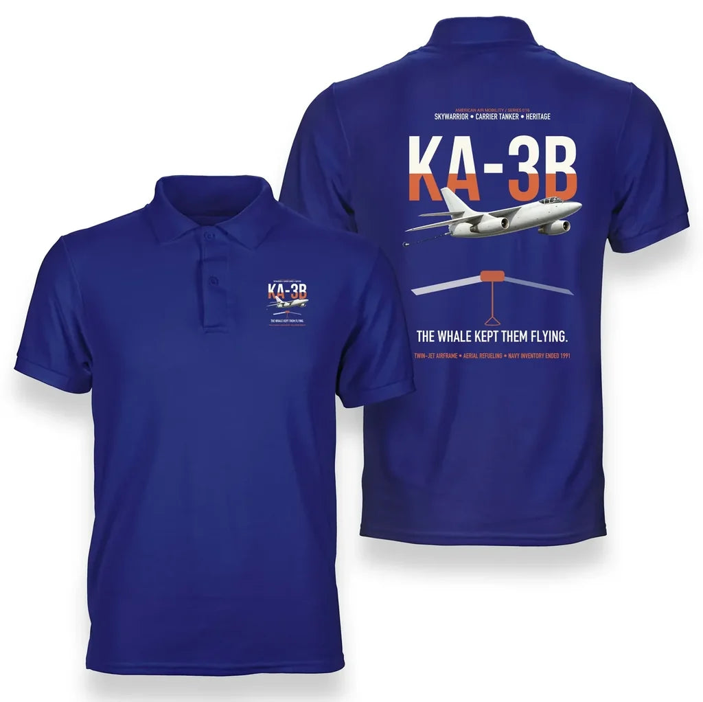 KA-3B Skywarrior design on blue double-side polo t-shirt, double-side print
