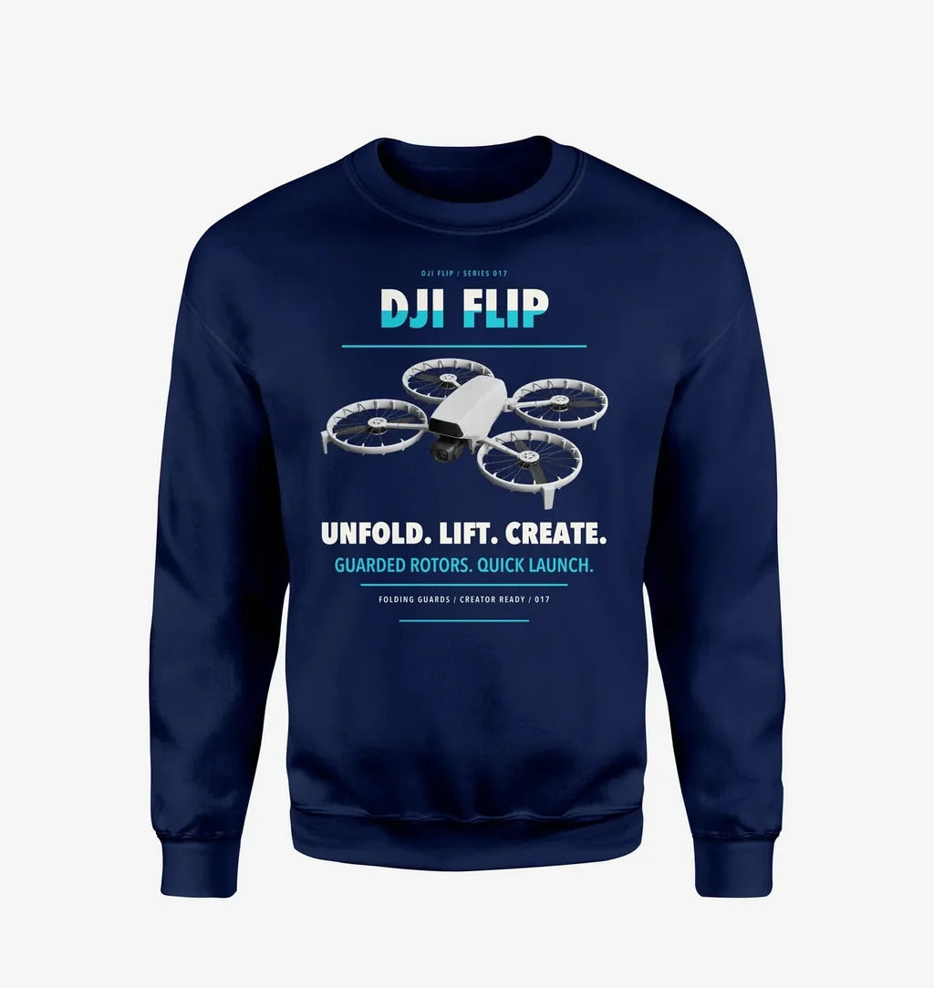 DJI Flip design on navy blue sweatshirt