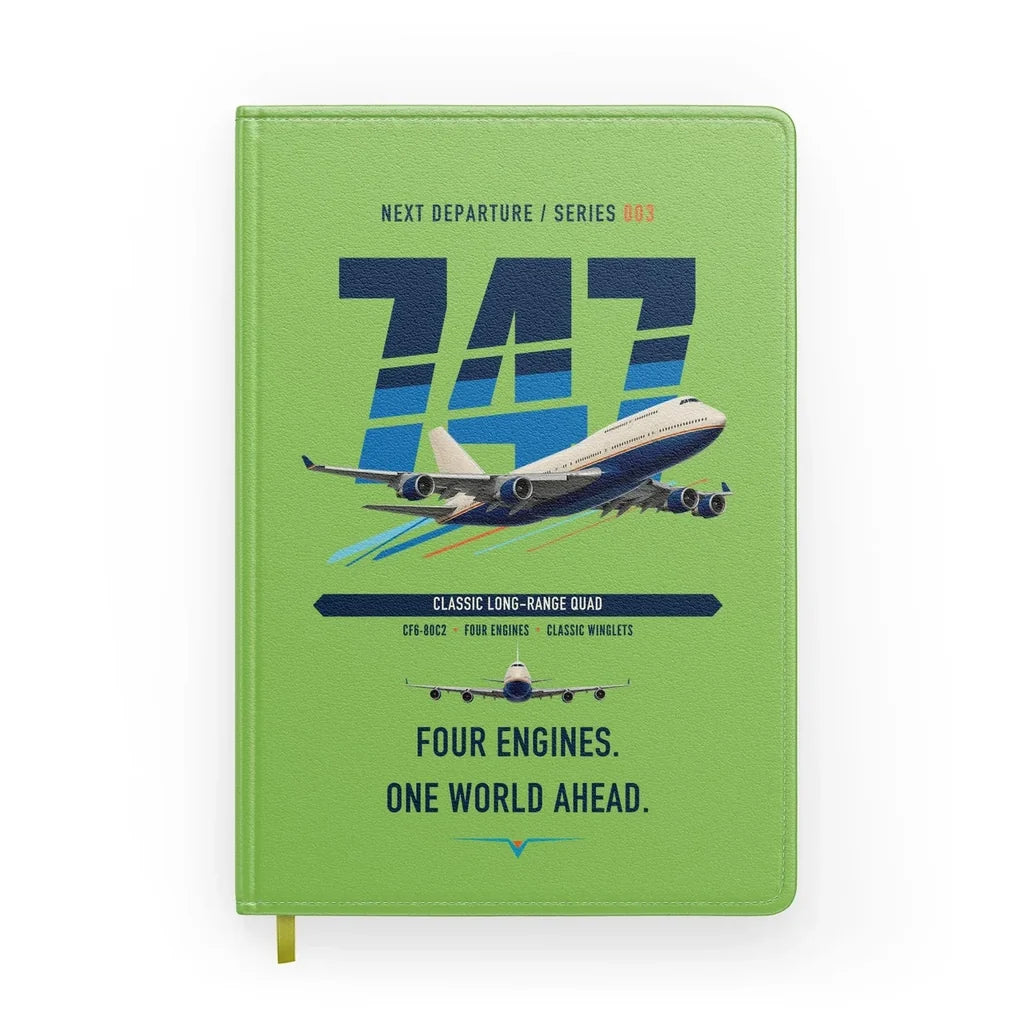 Boeing 747-400 design on light green notebook