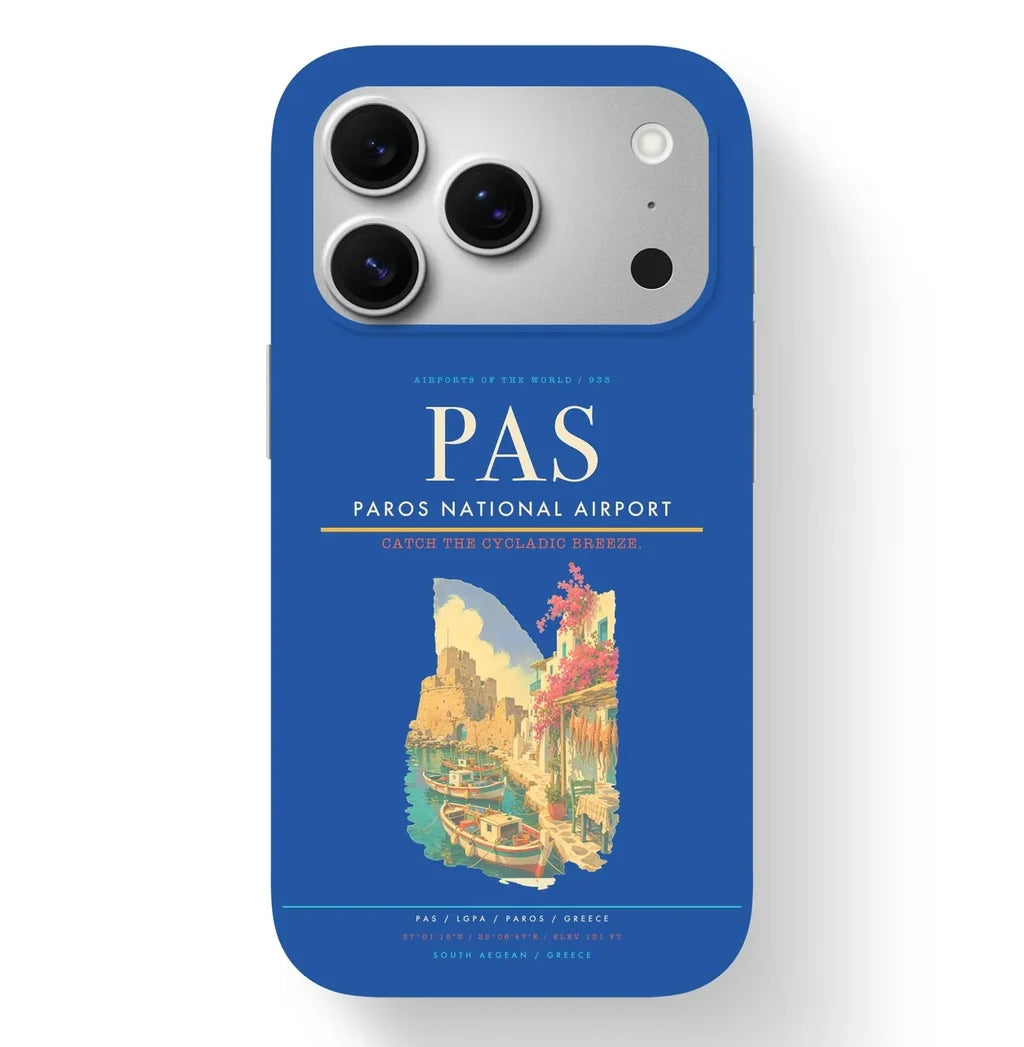 Paros Airport (PAS) design on blue iPhone 17 Pro MagSafe case