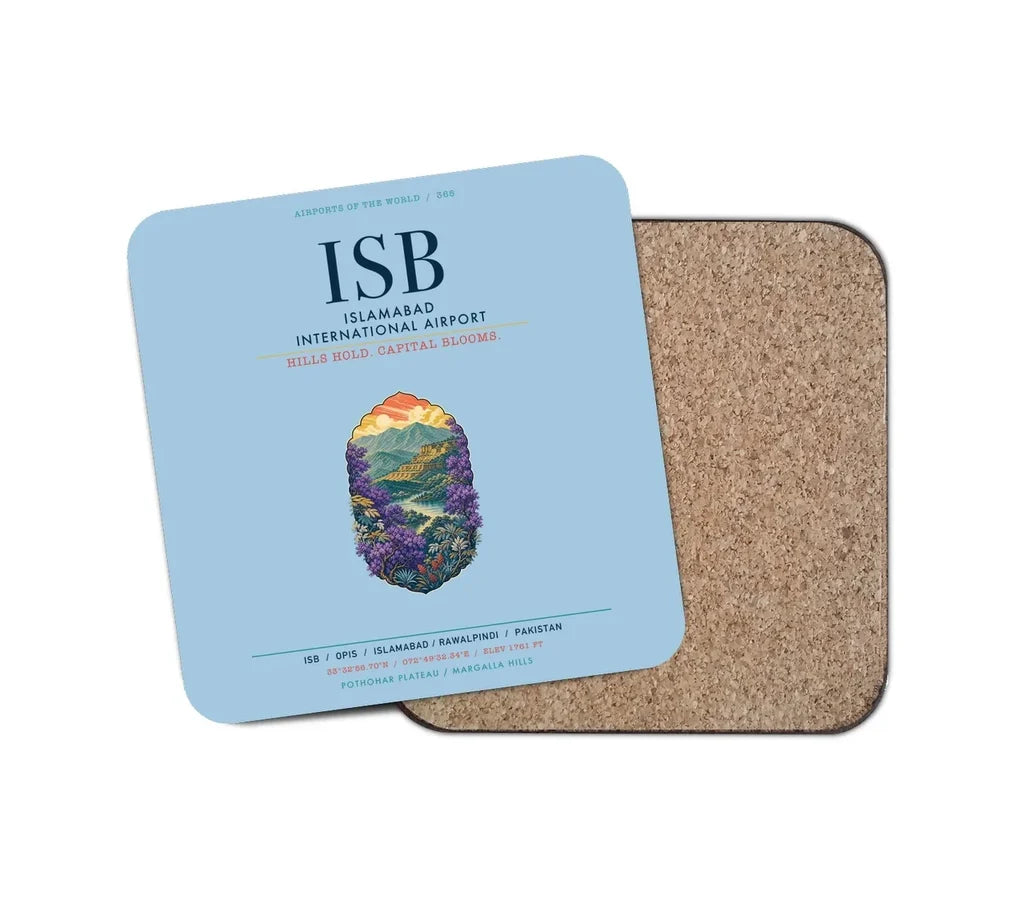 Islamabad International Airport (ISB) design on light blue 1 piece coaster