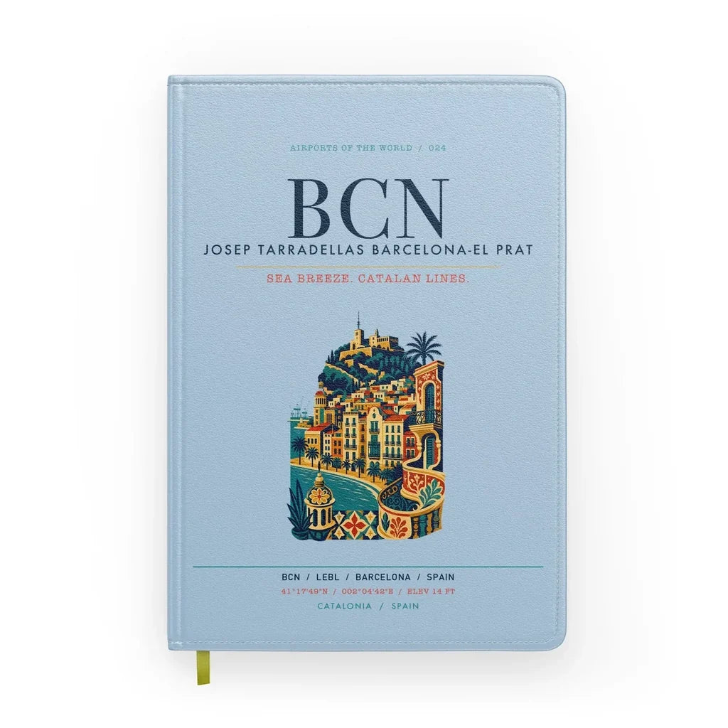 Josep Tarradellas Barcelona-El Prat Airport (BCN) design on light blue notebook
