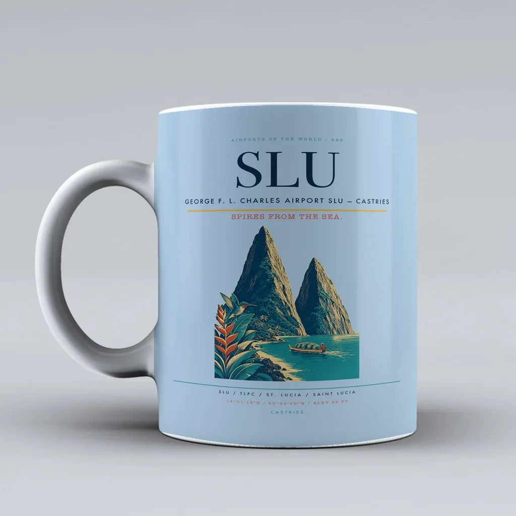 George F. L. Charles Airport (SLU) airport code design on light blue ceramic mug