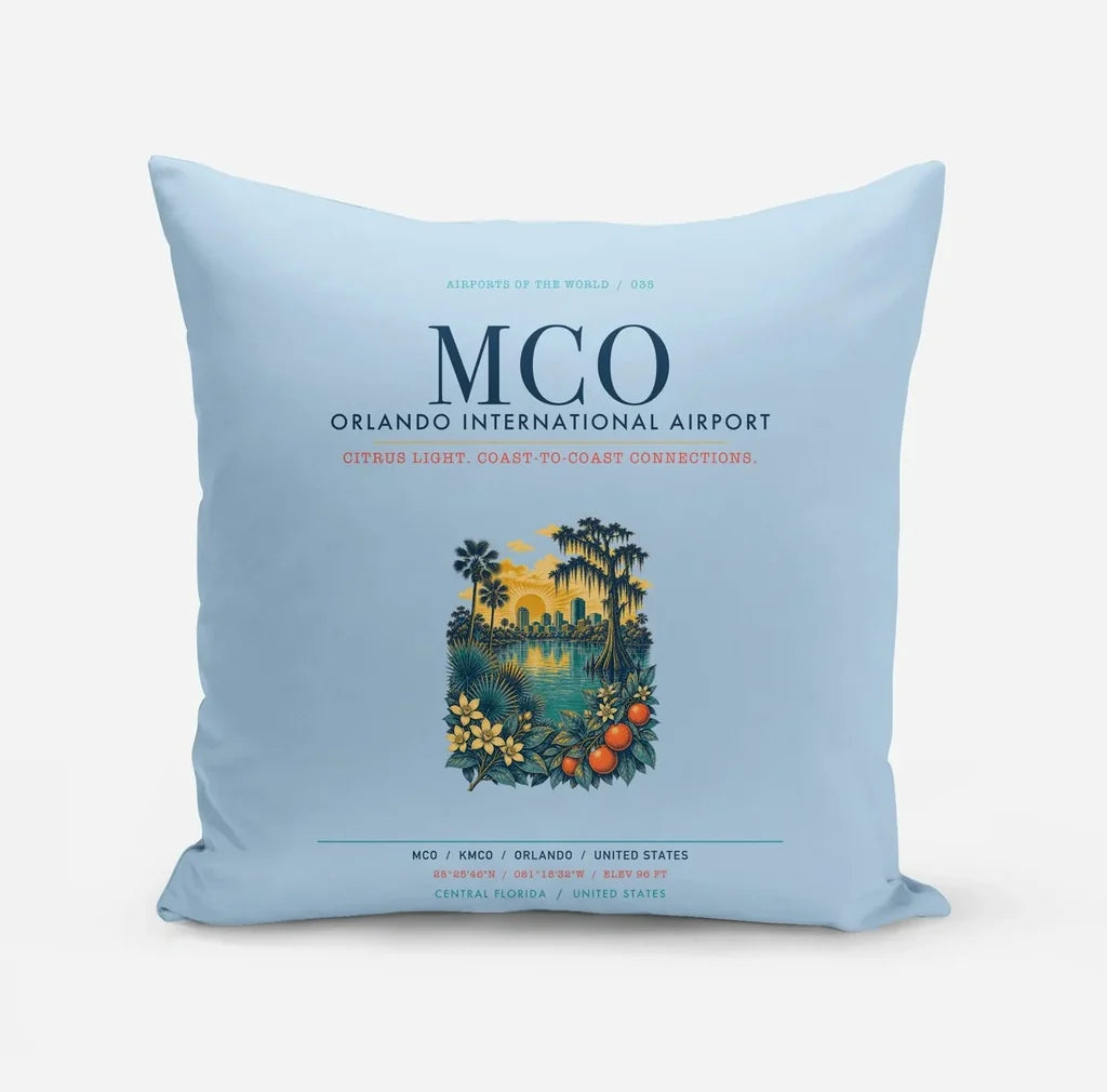 Orlando International Airport (MCO) design on light blue pillow