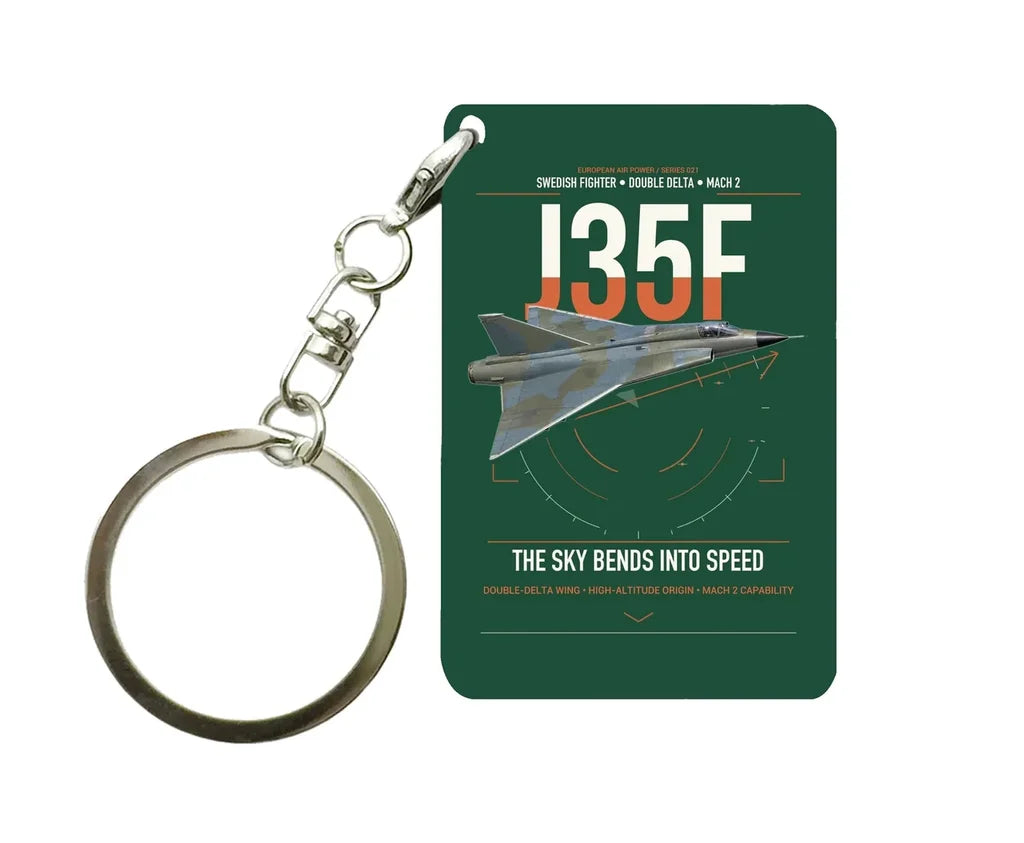 Saab J 35F Draken design on dark green designed key chain, double-side print