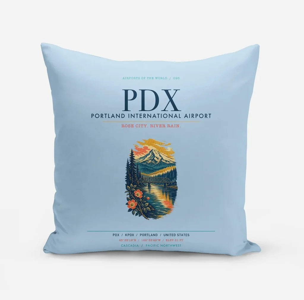Portland International Airport (PDX) design on light blue pillow
