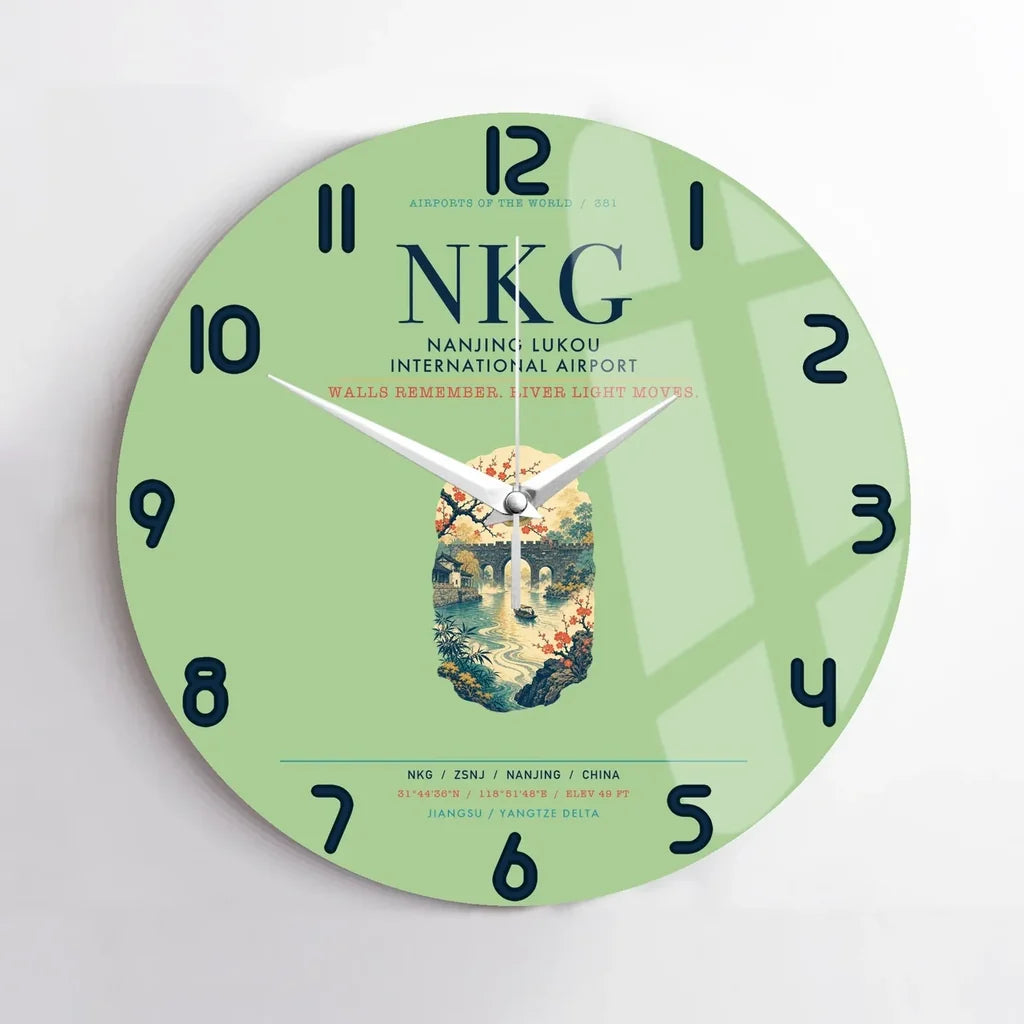 Nanjing Lukou International Airport (NKG) design on light green no frame wall clock