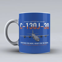 Thumbnail for C-130J-30 Super Hercules design on blue ceramic mug, double-side print
