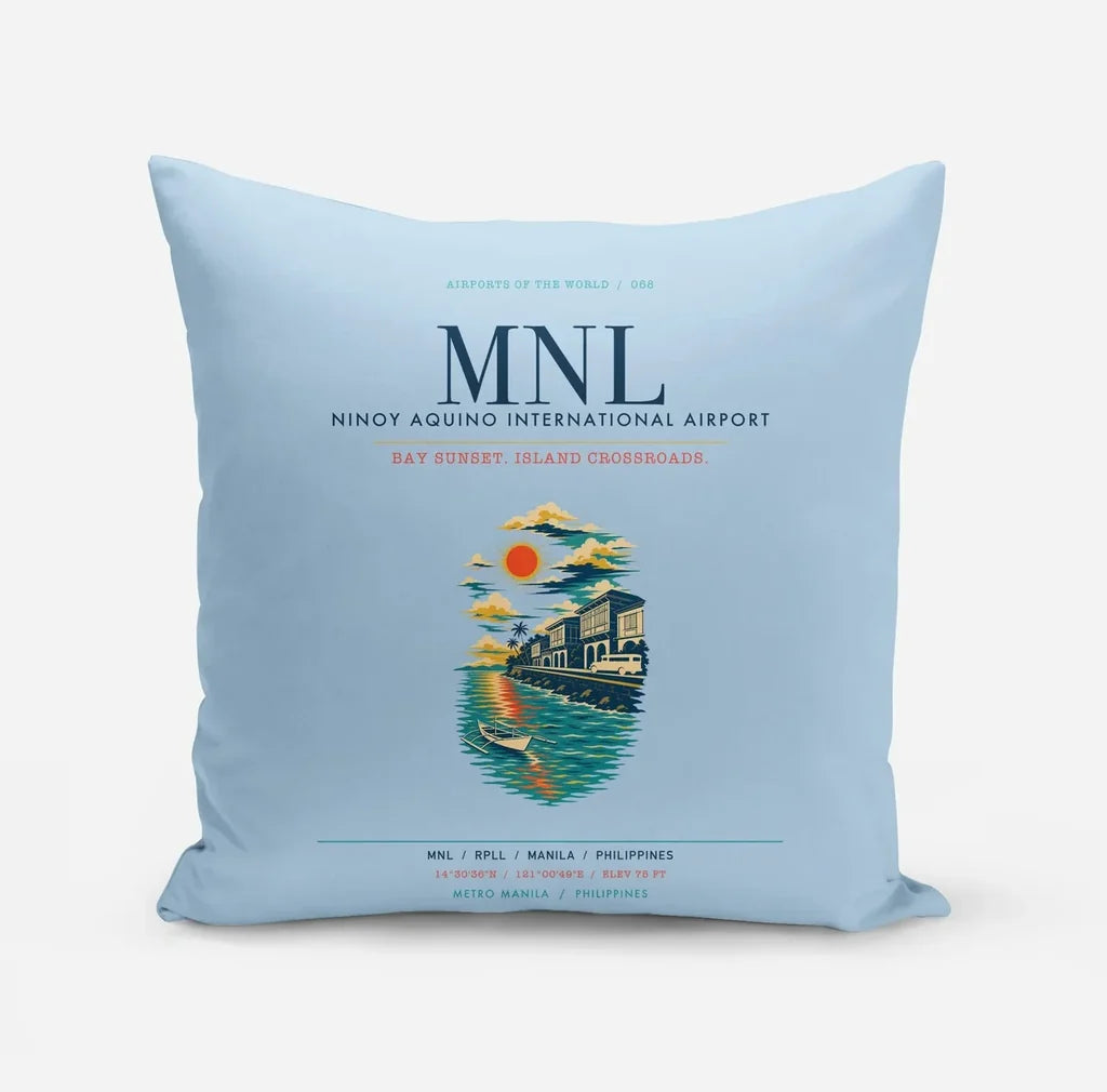 Manila Ninoy Aquino International Airport (MNL) design on light blue pillow