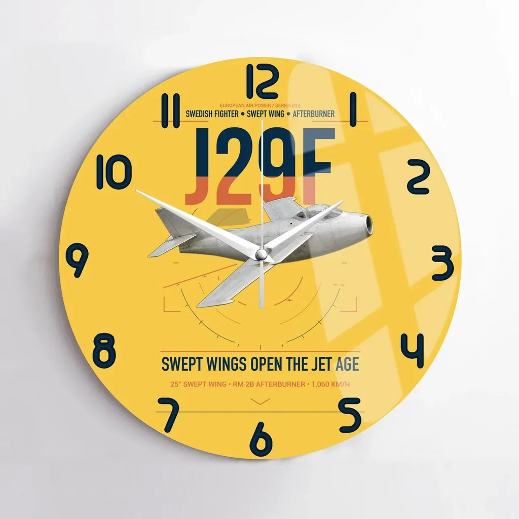 Saab J 29F Tunnan design on yellow no frame wall clock