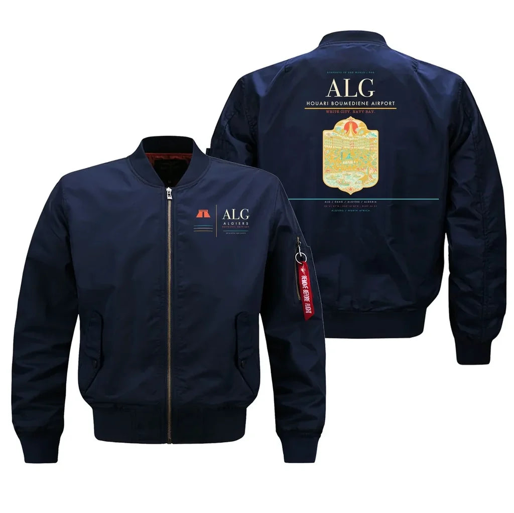 Houari Boumediene Airport (ALG) design on blue bomber jacket