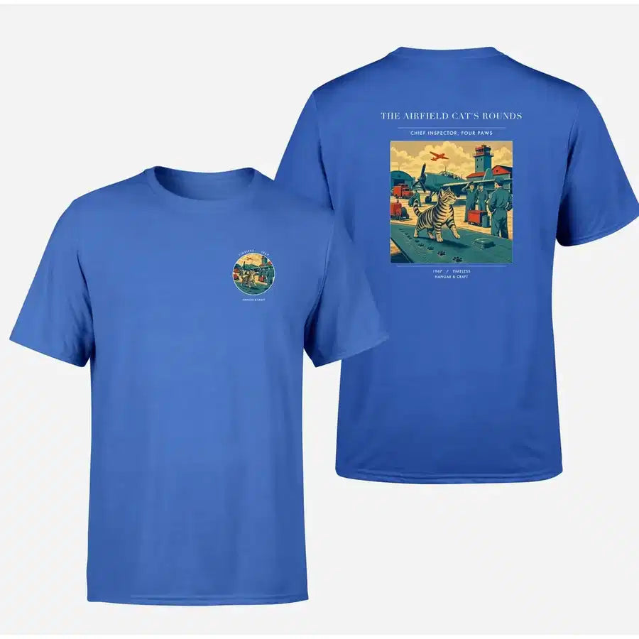 VINTAGE G4456 - The Airfield Cat's Rounds - Double-Side T-Shirt design on blue double side t shirt