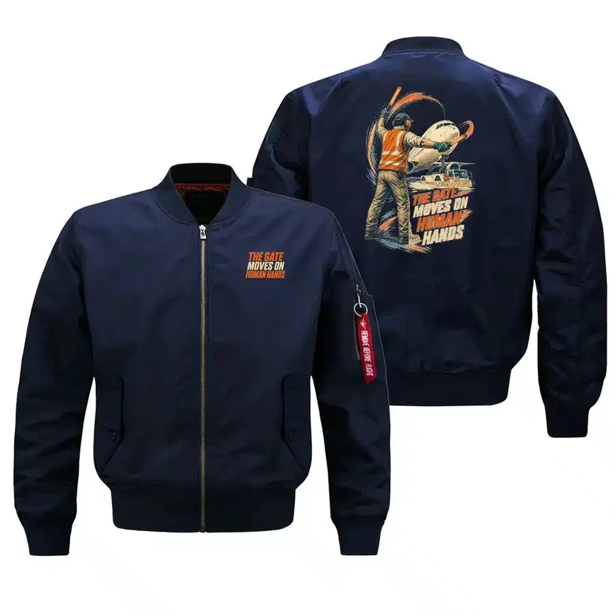 SIGNAL 660 - The Gate Moves On Human Hands - Bomber Jacket design on blue bomber jacket