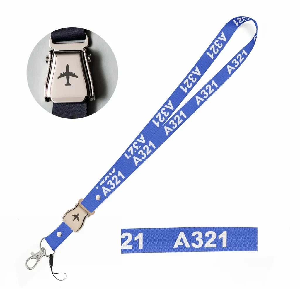 Airbus A321 Flat Text seat belt lanyard - blue
