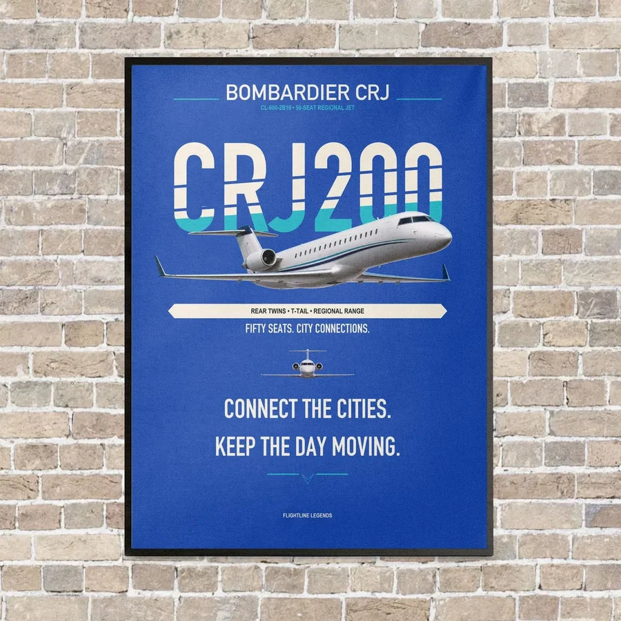 Bombardier CRJ200 vertical canvas print - framed - blue background