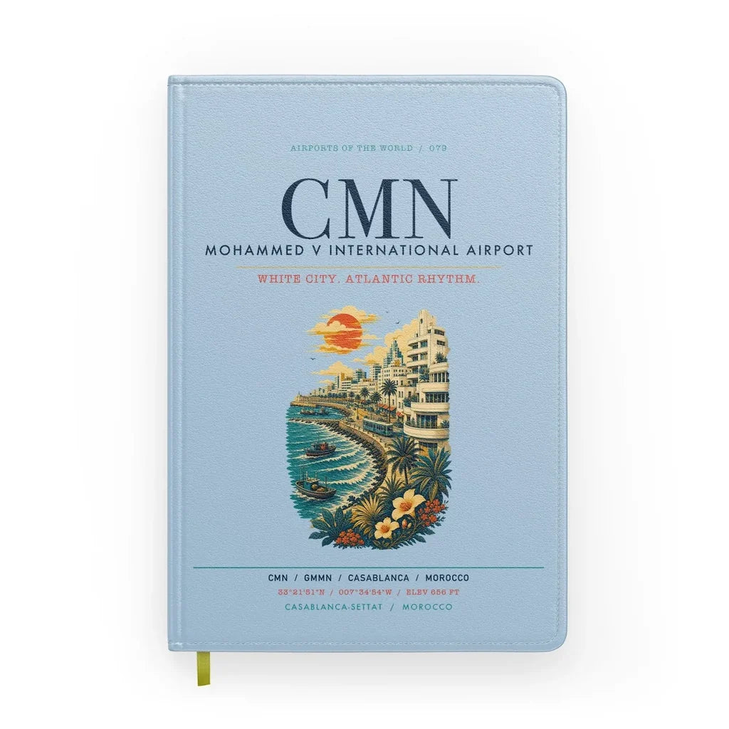 Casablanca Mohammed V International Airport (CMN) design on light blue notebook