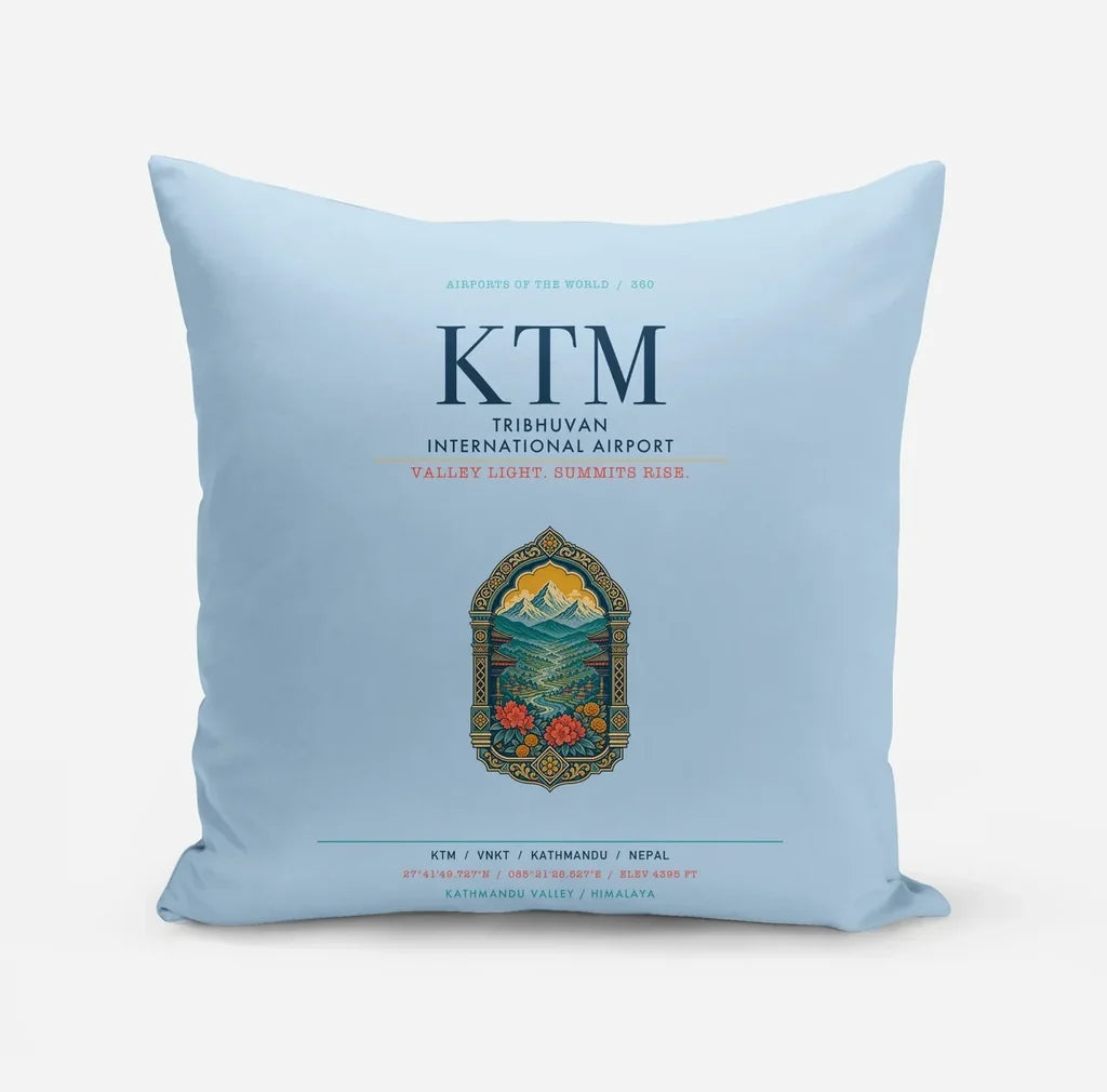 Tribhuvan International Airport Kathmandu (KTM) design on light blue pillow