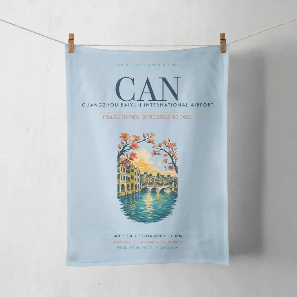 Guangzhou Baiyun International Airport (CAN) design on light blue towel