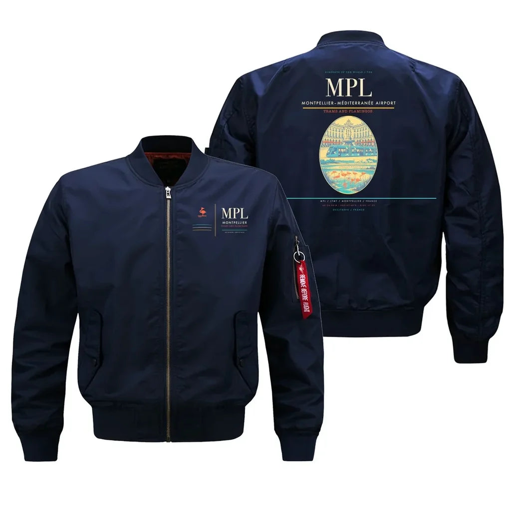 Montpellier–Méditerranée Airport (MPL) design on blue bomber jacket