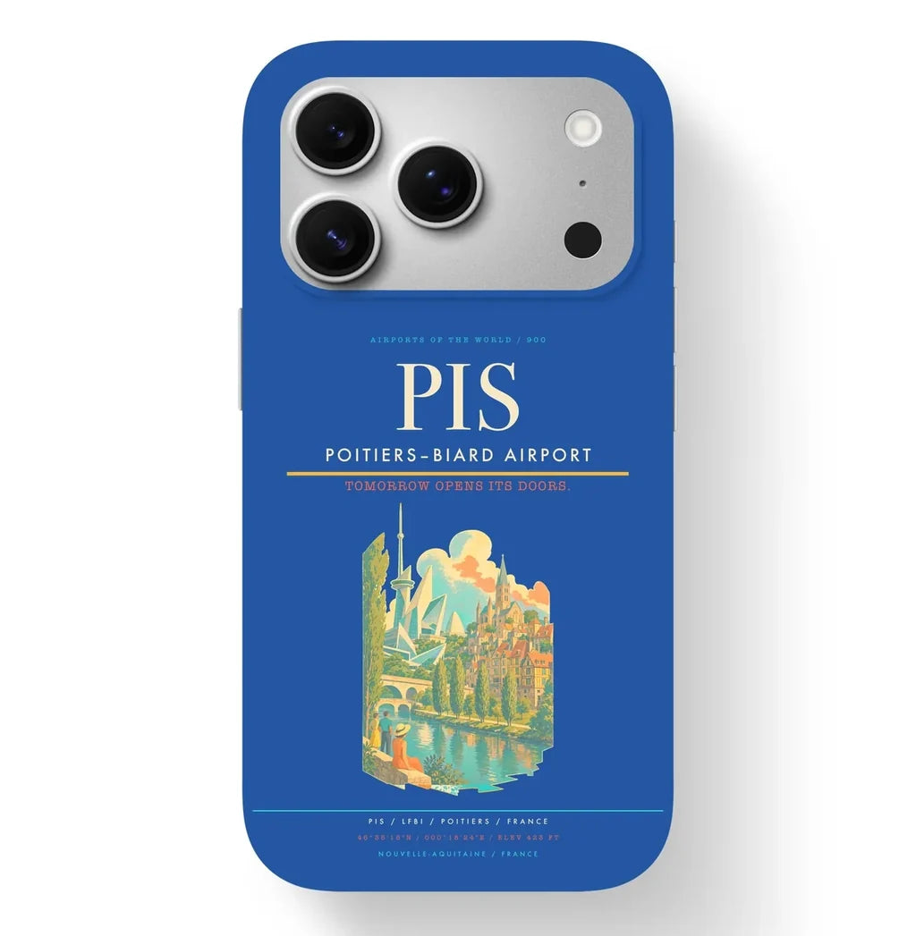 Poitiers Airport (PIS) design on blue iPhone 17 Pro MagSafe case