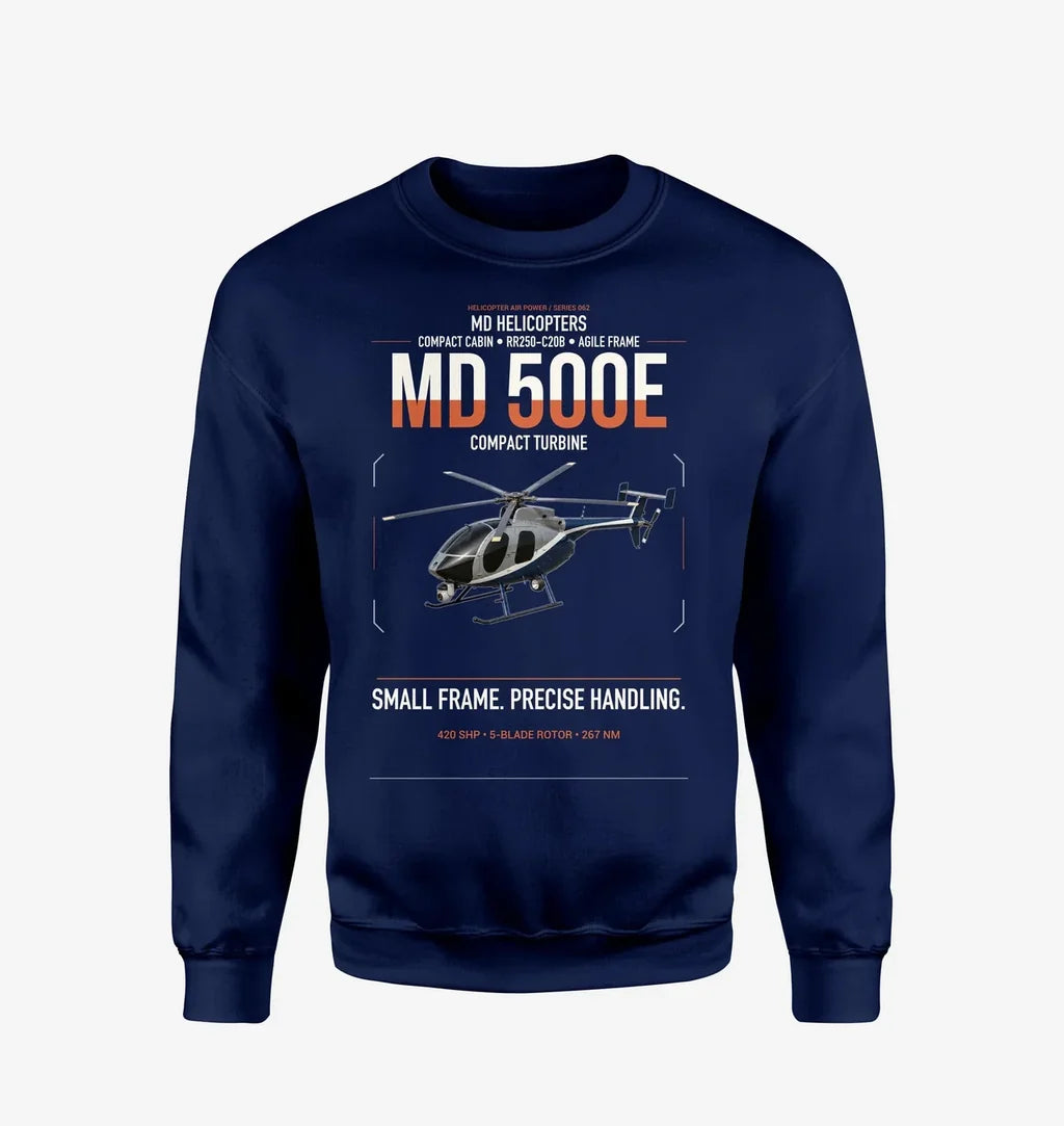 MD Helicopters MD 500E design on navy blue sweatshirt