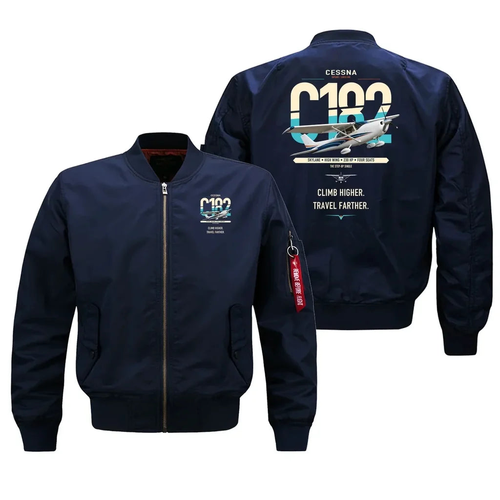 Cessna 182 Skylane design on blue bomber jacket, double-side print