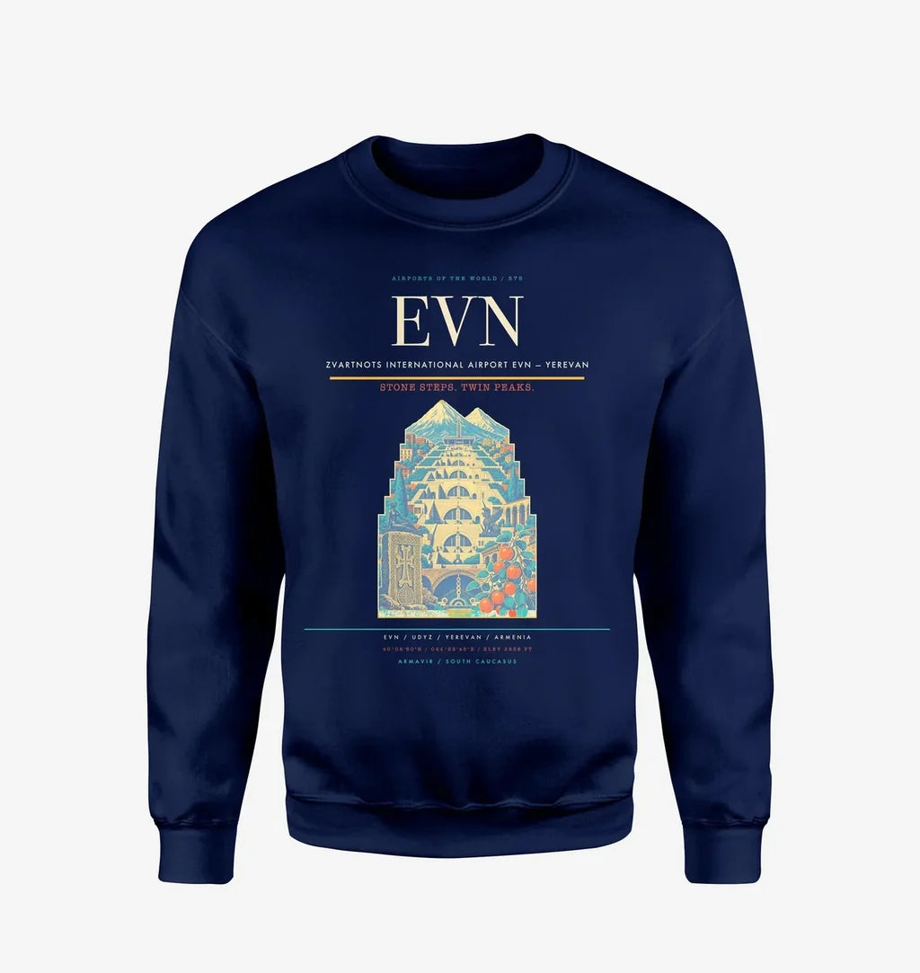 Zvartnots International Airport (EVN) design on navy blue sweatshirt