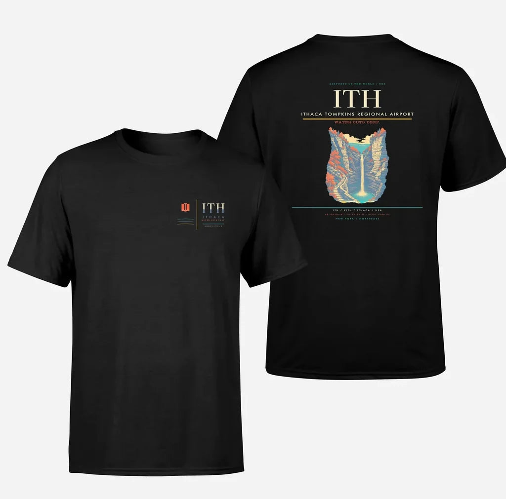 Ithaca Tompkins Regional Airport (ITH) design printed on black double-side t-shirt