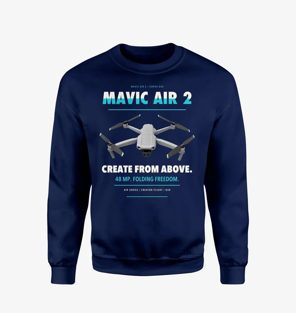 DJI Mavic Air 2 design on navy blue sweatshirt