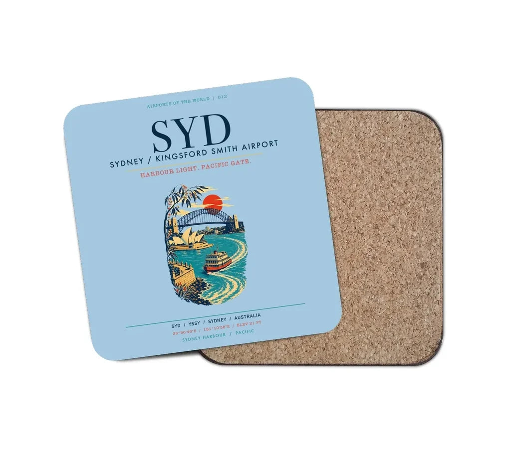 Sydney Kingsford Smith Airport (SYD) design on light blue 1 piece coaster