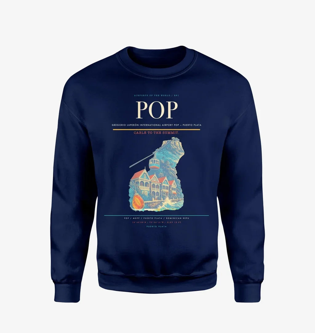 Gregorio Luperón International Airport (POP) design on navy blue sweatshirt