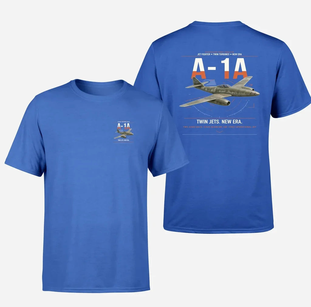 Messerschmitt Me 262A-1a design on blue t-shirt, double-side print