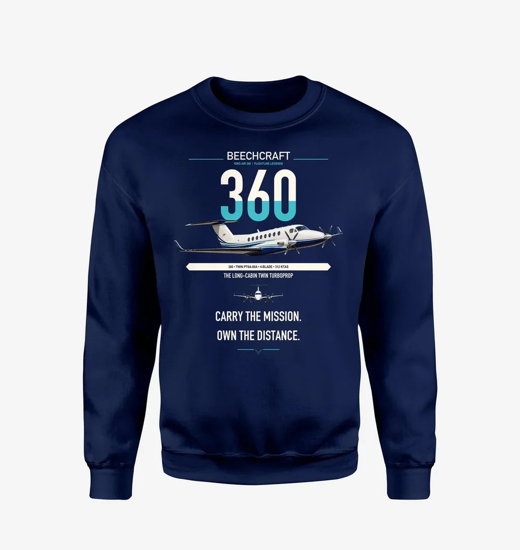 Beechcraft King Air 360 design on navy blue sweatshirt