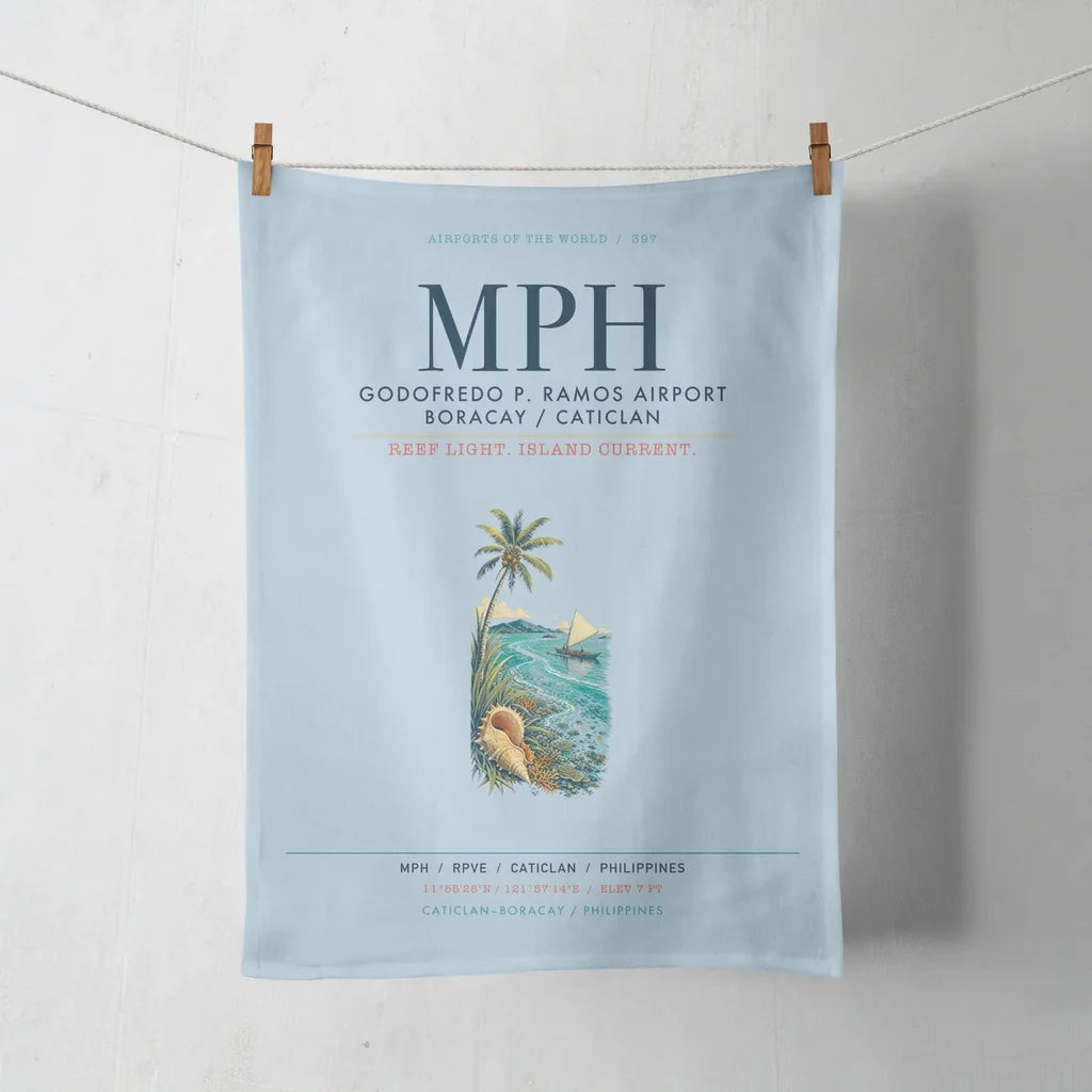 Godofredo P. Ramos Airport Boracay Caticlan (MPH) design on light blue towel