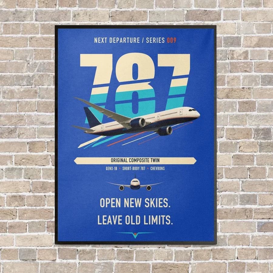 Boeing 787-8 Dreamliner vertical canvas print - framed - blue background