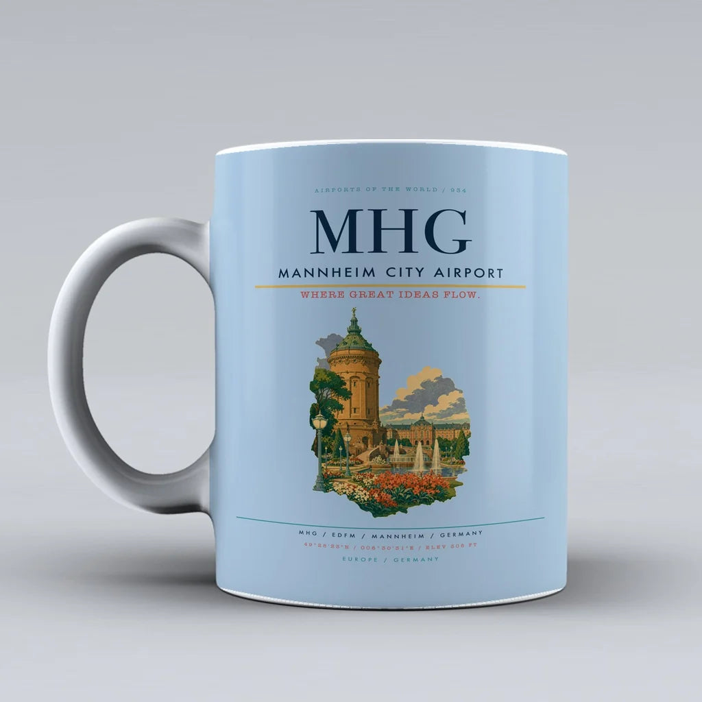 Mannheim City Airport (MHG) airport code design on light blue ceramic mug
