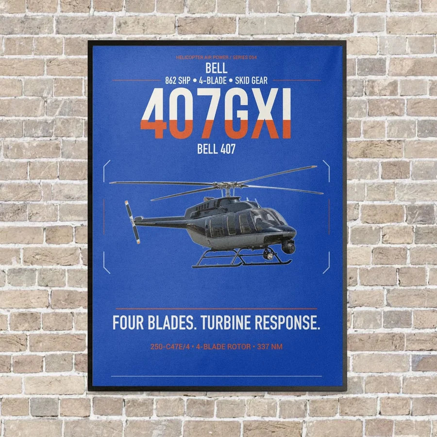 Bell 407GXi vertical canvas print - framed - blue background