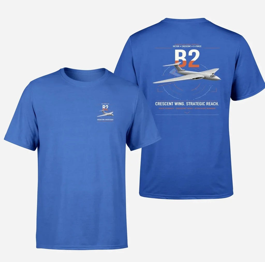Handley Page Victor B2 design on blue t-shirt, double-side print