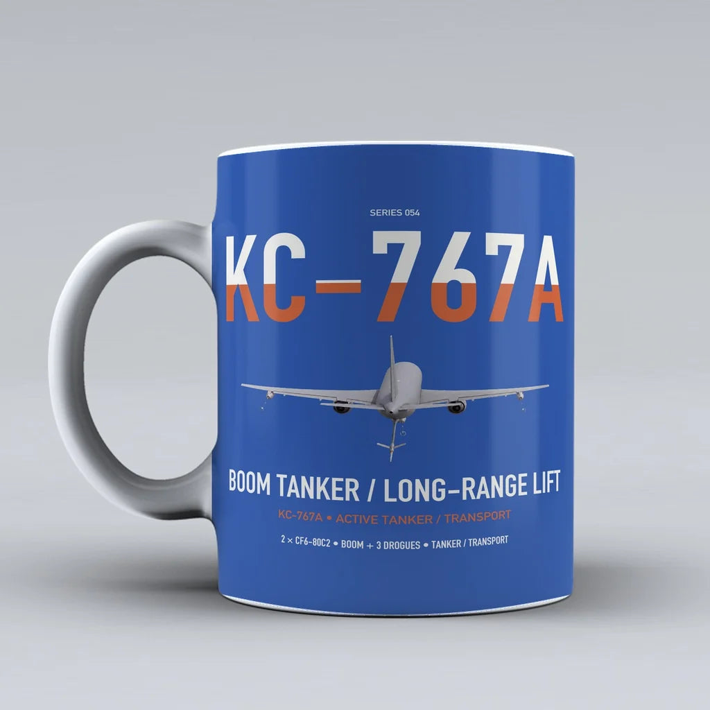 Boeing KC-767A design on blue ceramic mug, double-side print