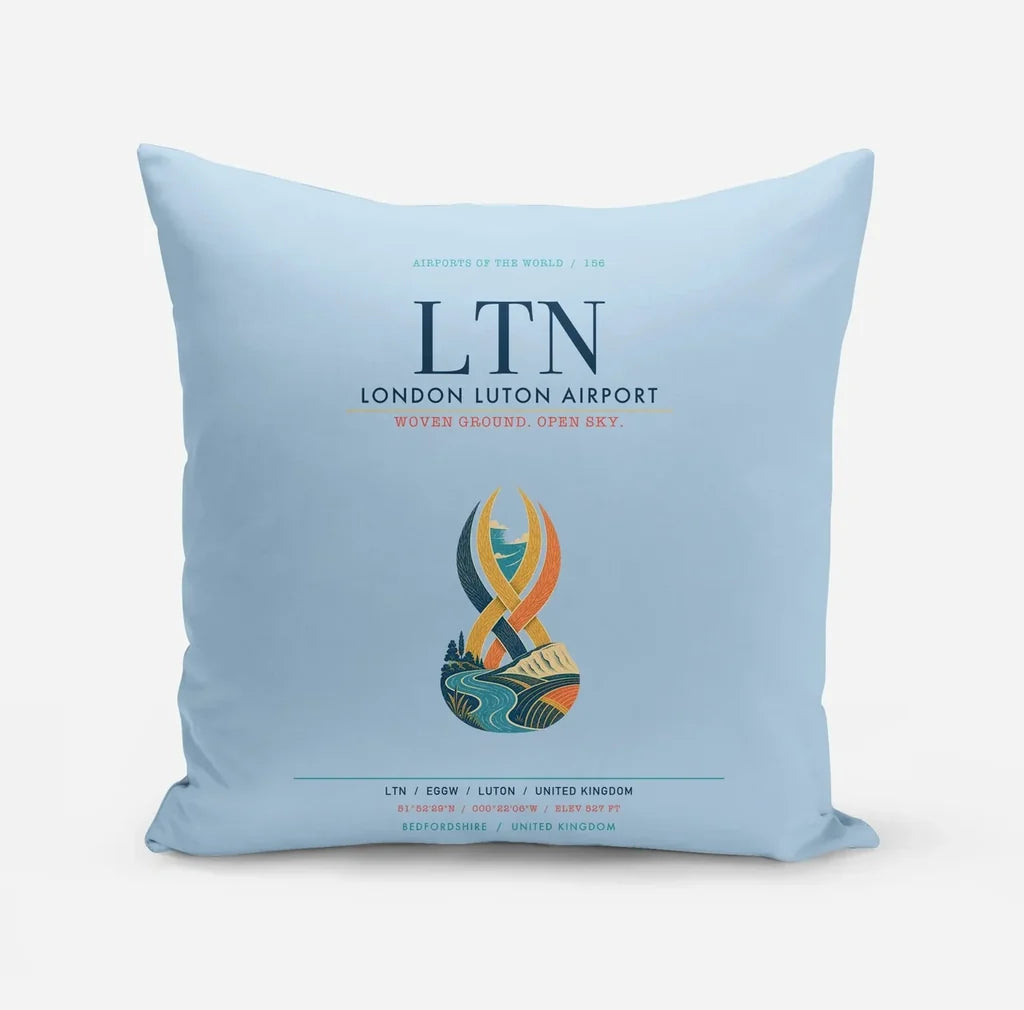 London Luton Airport (LTN) design on light blue pillow