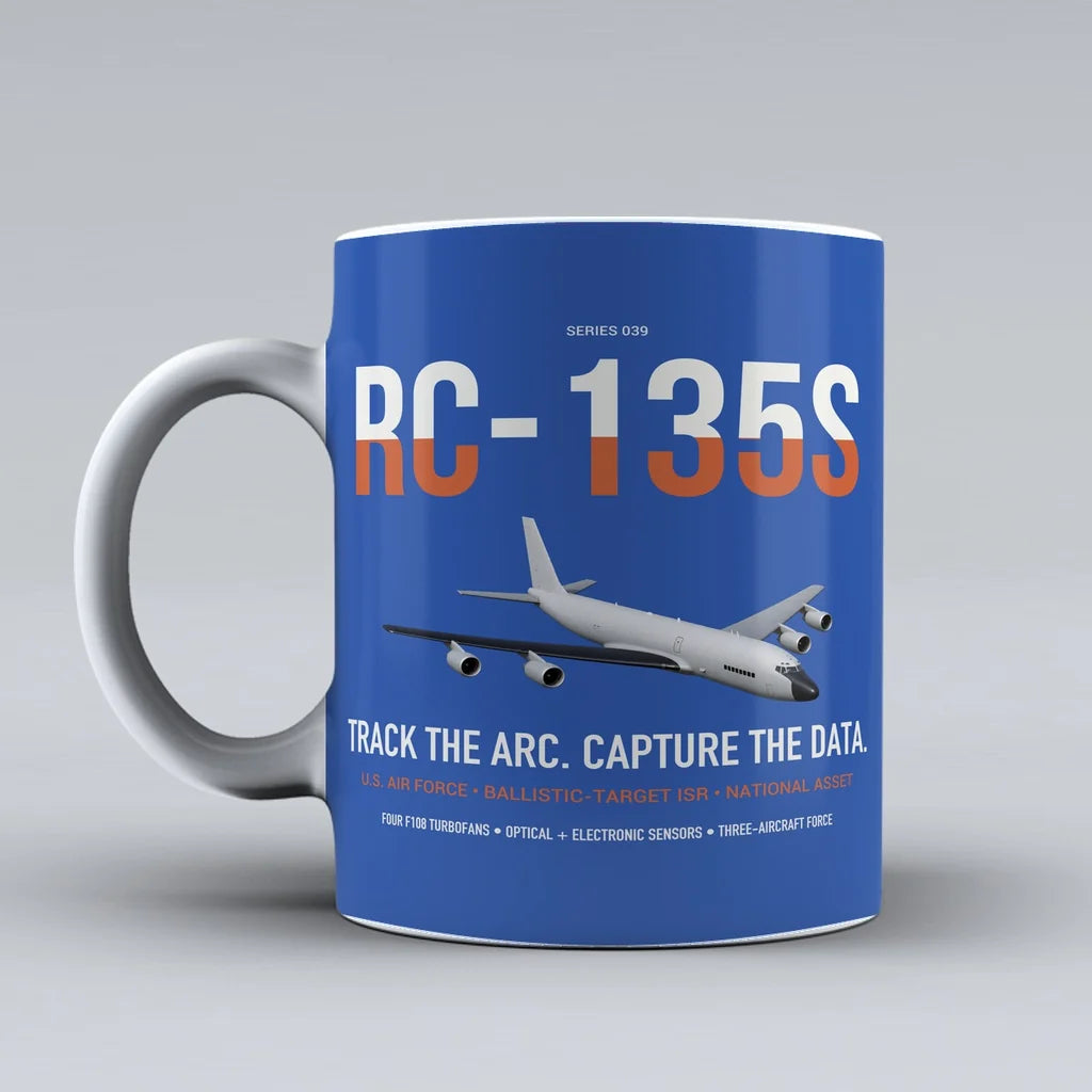 RC-135S Cobra Ball design on blue ceramic mug, double-side print