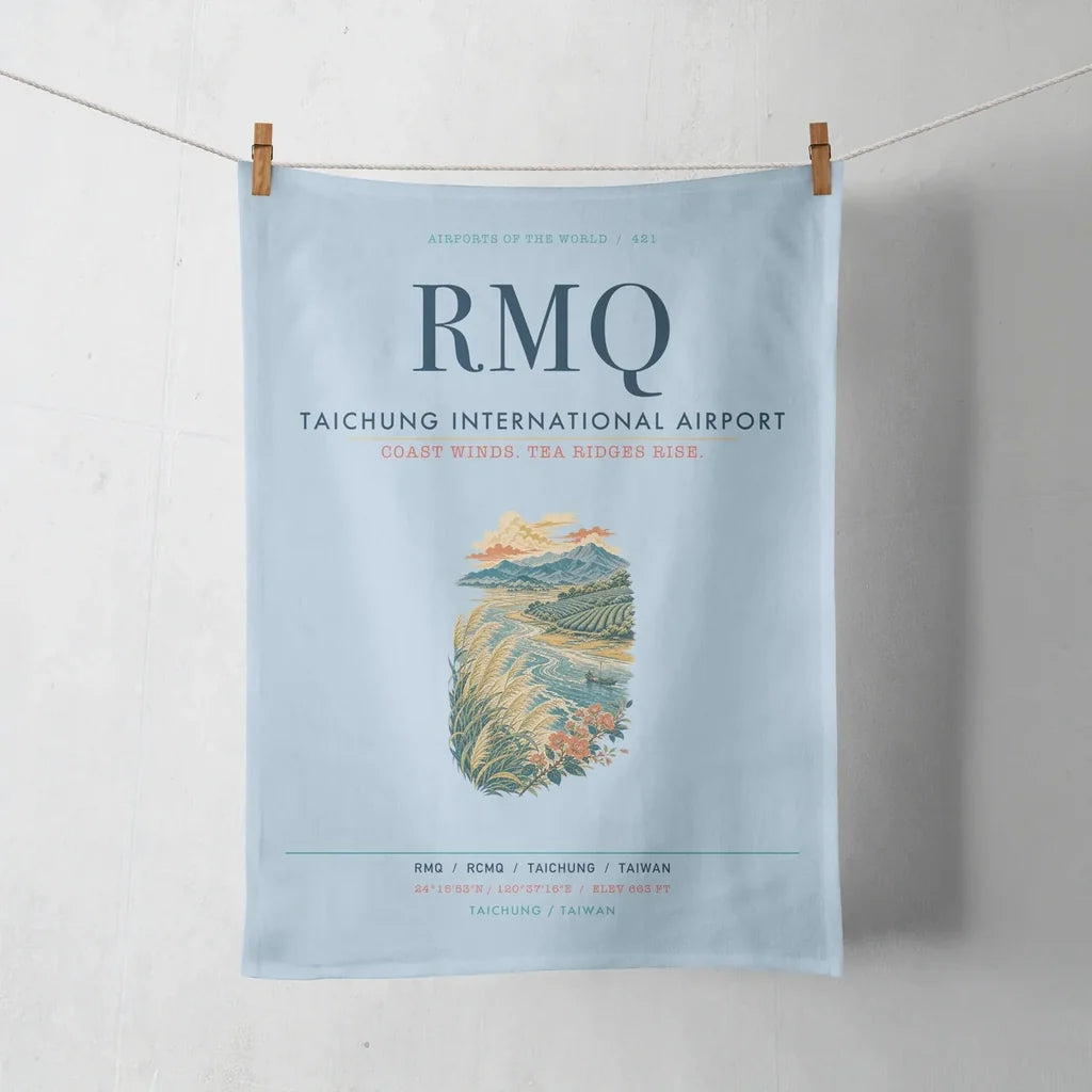 Taichung International Airport (RMQ) design on light blue towel