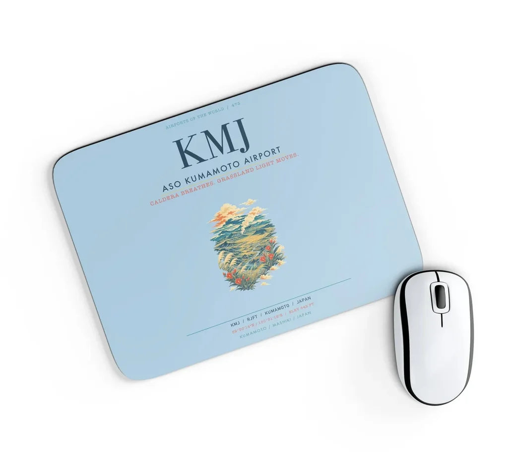 Aso Kumamoto Airport (KMJ) design on light blue rectangle mouse pad