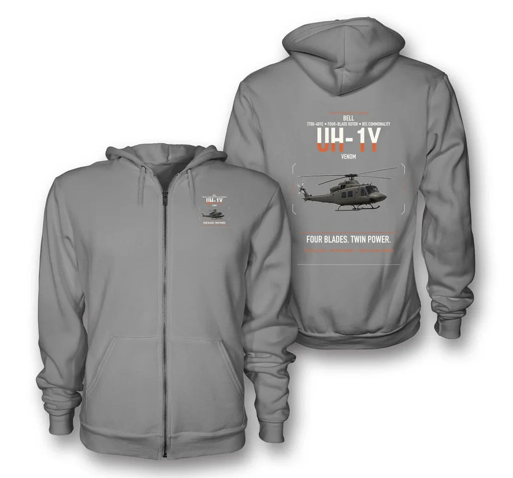Bell UH-1Y Venom design on gray premium zipped hoodie, double-side print