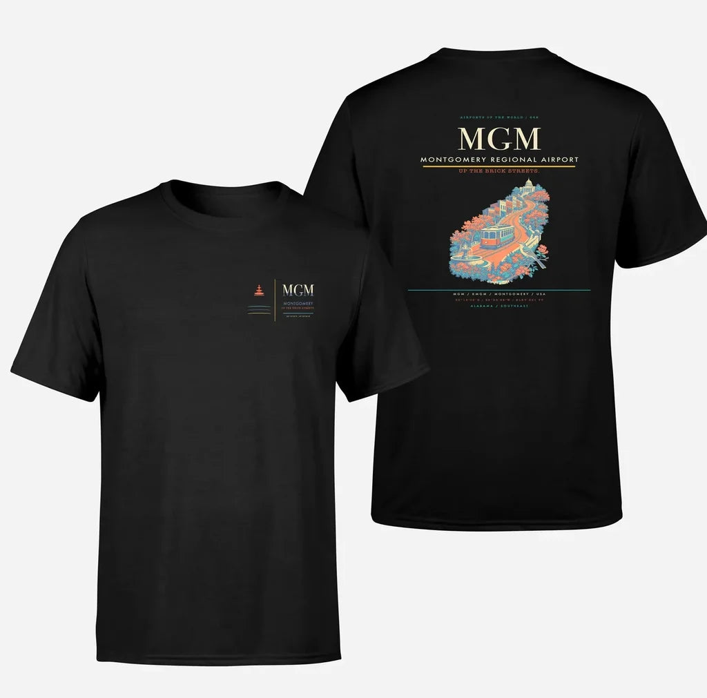 Montgomery Regional Airport (MGM) design printed on black double-side t-shirt