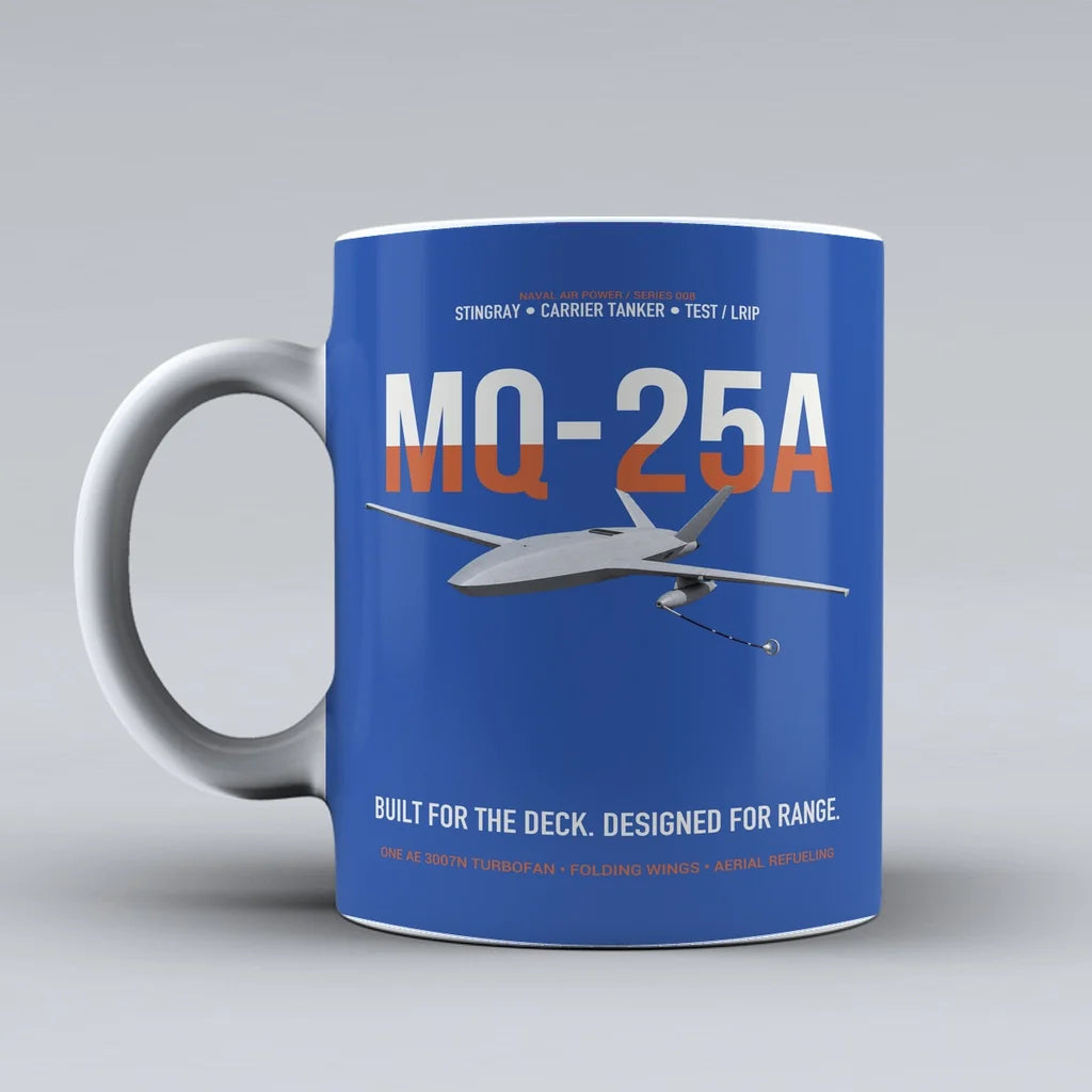 MQ-25A STINGRAY design on blue ceramic mug, double-side print