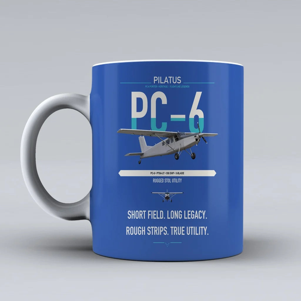 Pilatus PC-6 Porter design on blue ceramic mug, double-side print