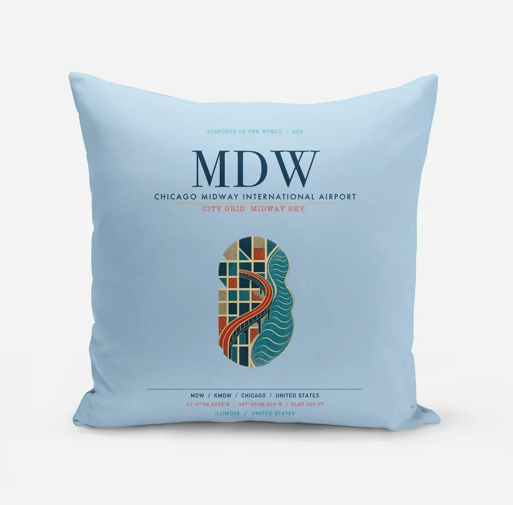 Chicago Midway International Airport (MDW) design on light blue pillow