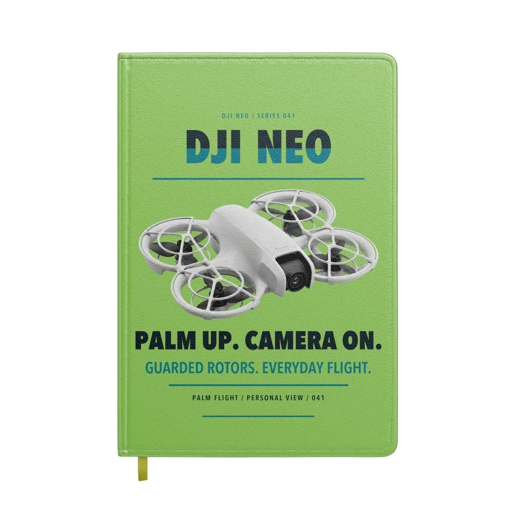 DJI Neo design on light green notebook